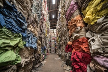 Aisle between high stacks of colorful, compressed textile bales, warehouse. Illustrate recycling, manufacturing, overconsumption, or global textile industry.