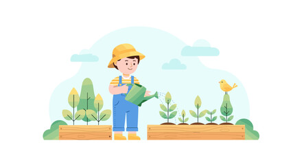 Young Gardener Watering Plants in Raised Beds Illustration: Gardening, Sunshine, Outdoors