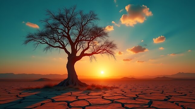 Lone tree in cracked desert landscape at sunset with colorful sky - Powered by Adobe