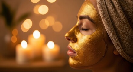 Woman with gold face mask and candles