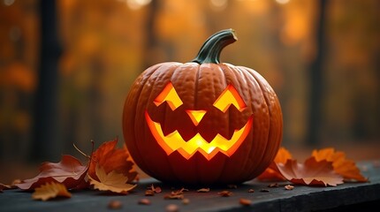 Carved halloween pumpkin with a scary face glowing warmly
