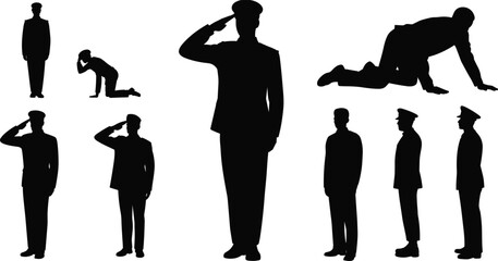 Military soldier silhouette vector, man saluting pose clipart, standing and kneeling army officer design, black uniform shape icon