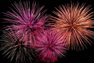 Fototapeta premium Fireworks bursts of pink, orange, and red on black