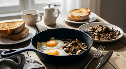 Enjoy a delicious breakfast with sunny side up eggs and mushrooms on a rustic wooden table near a bright window, perfect for healthy eating and a cozy morning vibe