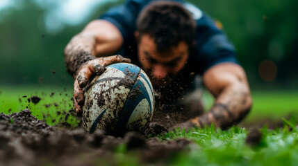 Determined Rugby Player Dives into Muddy Field to Score Try with Passionate Expression