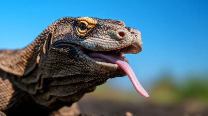 Fototapeta premium Close-up Profile of a Reptile with Vibrant Scales and Tongue Against Clear Blue Sky