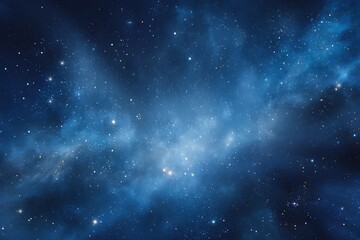 Fototapeta premium Starry sky background, blue night sky full of stars, glowing stars in the dark space, starry background, dark night, stars in the distance, starlight, dark background with a blue glow, night sky. 