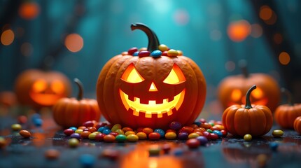 Glowing jackolantern with colorful candies and bokeh lights