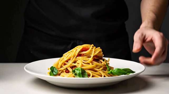 Serving Spaghetti onto White Plate Hands using tongs to plate a serving of spaghetti&mdash;perfect for Italian cuisine, pasta dishes, and fine dining presentation