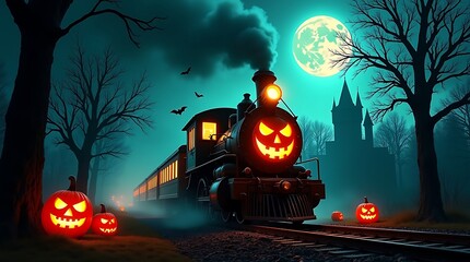 Spooky halloween train with jackolanterns and full moon at night