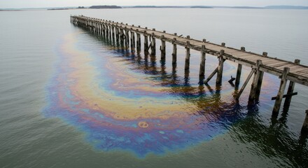 Decaying Pier Reflects Pollution's Rainbow Stain