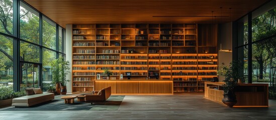 Modern lobby with large bookshelf and window.