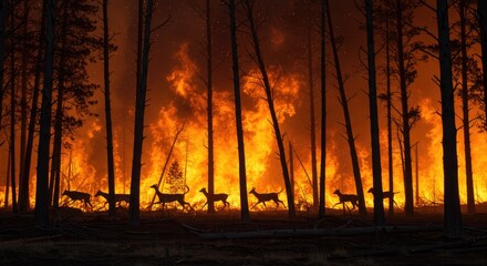 Deer Silhouettes Escape Raging Wildfire Through Forest, Dramatic Orange Flames
