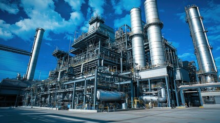 A large industrial chemical plant with multiple towers and pipelines against a blue sky with white clouds.