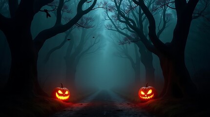 Two glowing halloween pumpkin jack o lanterns on a foggy forest path