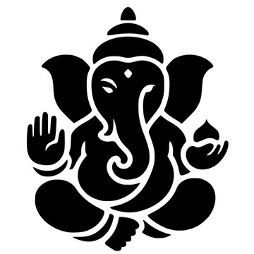 black silhouette of Lord Ganesha, the Hindu deity of wisdom and beginnings, in a seated pose with symbolic hand gestures and attributes.