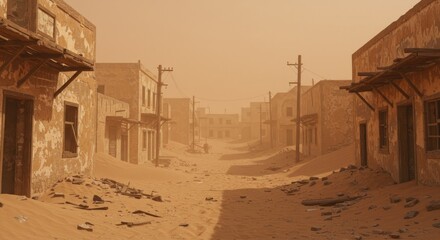 Deserted Townscape: Sand-Engulfed Buildings in Hazy, Ocher Light, Post-Apocalyptic Vision