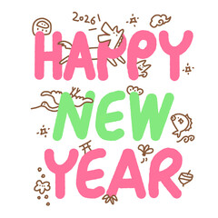 HAPPY NEW YEARと馬と日本の正月のガーリーでかわいい年賀状　2026 正方形・松竹梅