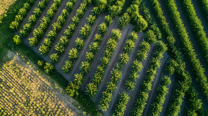Aerial view of an orchard with rows of trees and fields.