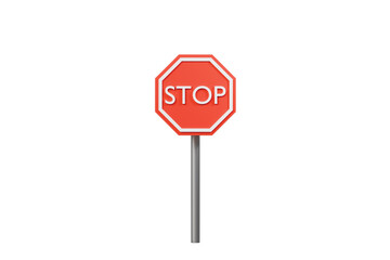 3d stop sign on metal pole. red octagonal road sign with white border and stop text for traffic, safety, and street warning. minimal 3d render.