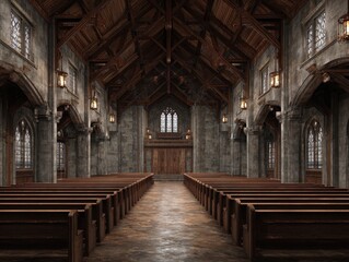 Fototapeta premium Gothic Church Interior: Rows of Pews