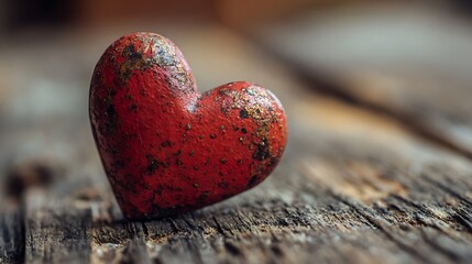 Fototapeta premium Close up of a red metal heart on rustic wooden surface in warm morning sunlight with soft background blur