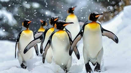 Fototapeta premium A group of emperor penguins walking together through the snow covered ground in a winter scene outdoors