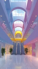 Pastel-hued interior with escalators, arched ceilings, and skylights