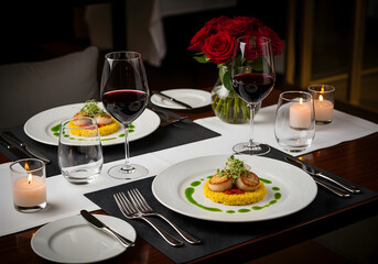 Fototapeta premium Elegant dining experience awaits with gourmet scallops and red wine at romantic restaurant, perfect for celebrating special occasions with loved ones in style
