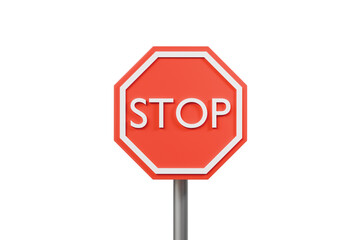 3d stop sign isolated on metal pole. red octagonal traffic sign with white border and stop text for road safety and traffic control. minimal 3d render.