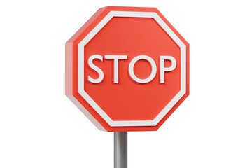 3d stop sign isolated on metal pole. red octagonal traffic sign with white border and stop text for road safety and traffic control. minimal 3d render.