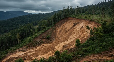 Devastating Landslide Scarring Lush Green Mountain Forest Under Overcast Sky