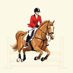 Horse and Rider Jumping Over Fence Illustration in Red and Black