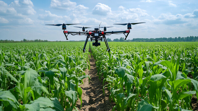 A drone flies over a green agricultural field on a sunny day.