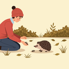 Person Feeding Ants to a Cute Hedgehog in an Outdoor Setting