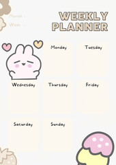 Cute kawaii bunny weekly planner with pastel colors and adorable cloud and cupcake illustrations for organization