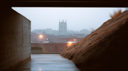 Wet pavement brick building and distant church tower viewed through an opening
