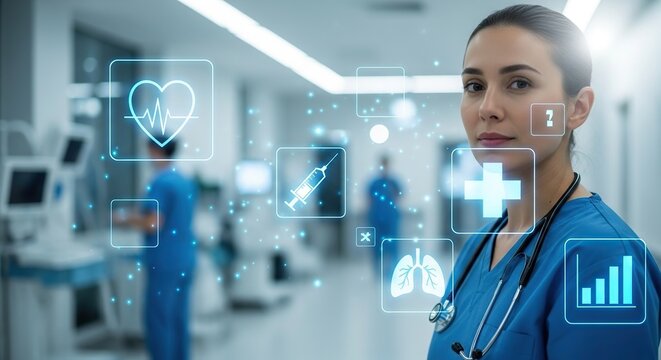 Female doctor in scrubs with futuristic medical technology overlay