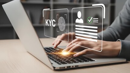 Know your customer concept. Person holding KYC card on virtual screen. Business verifying the identity of clients for KYC financial client authentication. Personal information for identification