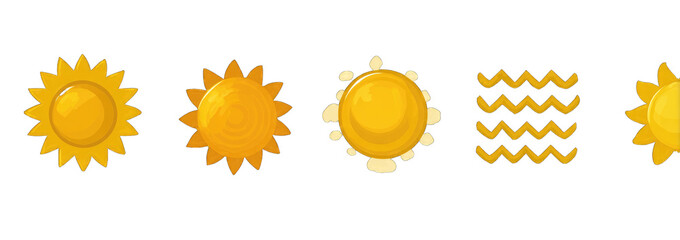 Five stylized suns and a wavy pattern, all in shades of yellow and gold, arranged horizontally against a black background