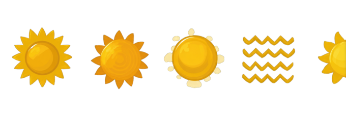 Five stylized suns and a wavy pattern, all in shades of yellow and gold, arranged horizontally against a black background