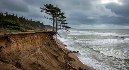 Eroding Coastal Cliff with Lone Tree, Pacific Northwest Stormy Seascape