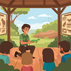 Zookeeper Showing Lizard to Visitors at an Outdoor Exhibit