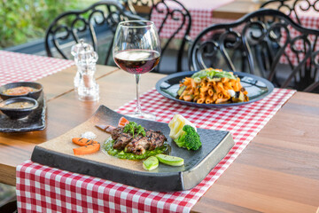  Gourmet Steak and Cheese Menu with Elegant Drink – Stylish Food and Beverage Concept,Elegant Restaurant Menu Featuring Steak, Cheese, and Refreshing Drink – Stylish Food Concept