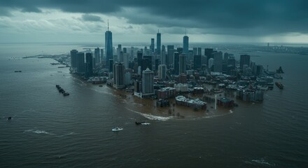 Flooded New York City: Aerial View of Devastation Under Stormy Skies