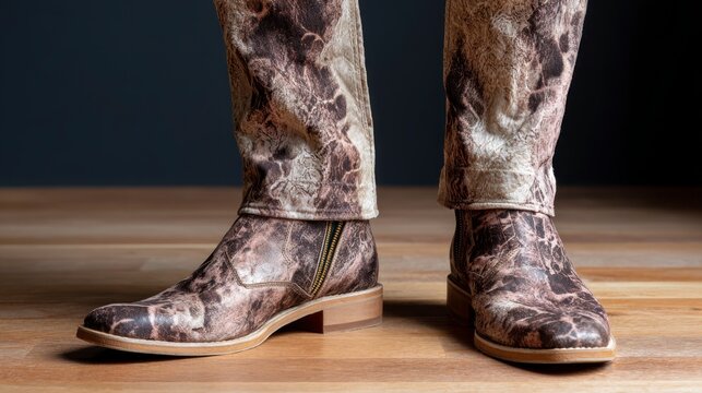 Close up of patterned pants and boots on a wooden floor fashion footwear