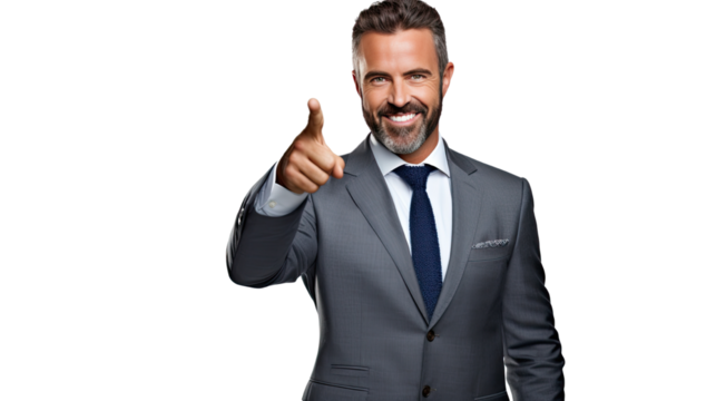 confident smiling businessman pointing on white background - Powered by Adobe