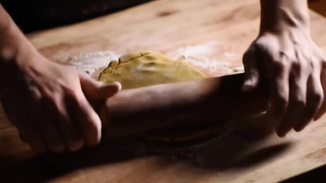 Rolling Dough on Floured Wooden Surface Hands using a rolling pin to flatten dough ideal for pastry-making, bread baking, and cooking demonstrations