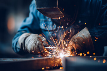 Close-up of industrial welder in gloves working with sparks and metal