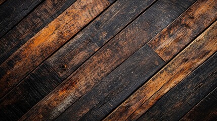 Fototapeta premium A weathered wooden floor with a dark brown and orange hue, featuring a diagonal pattern of planks.